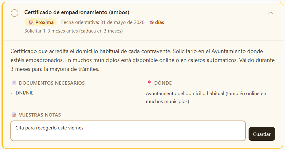 Detalle de tarea expandido con campo de notas