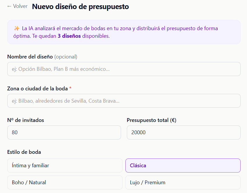 Pantalla de creación de primer diseño de presupuesto