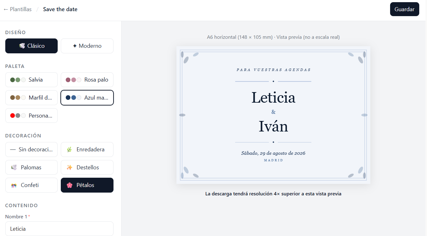 Editor de plantilla con menú lateral de personalización