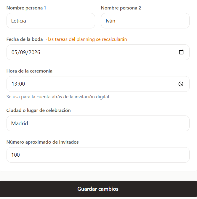 Menú de edición de datos de la boda