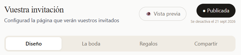 Panel de edición de la invitación digital