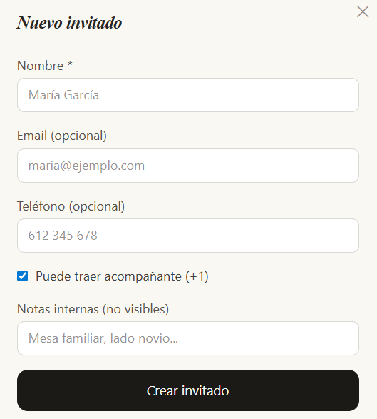 Formulario de nuevo invitado con opción +1