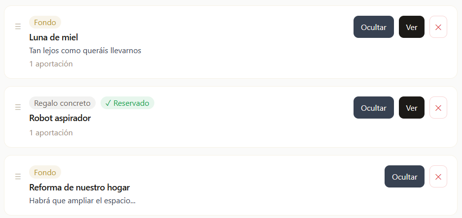 Lista de regalos con controles de ordenación