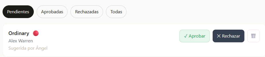 Botones de aprobar, rechazar y eliminar una canción