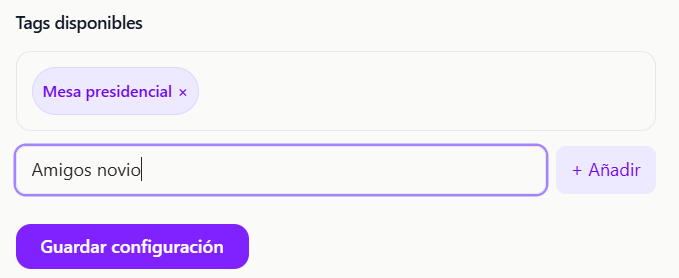 Sección de configuración de tags en el optimizador