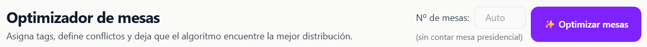 Botón Optimizar mesas y resultado generado