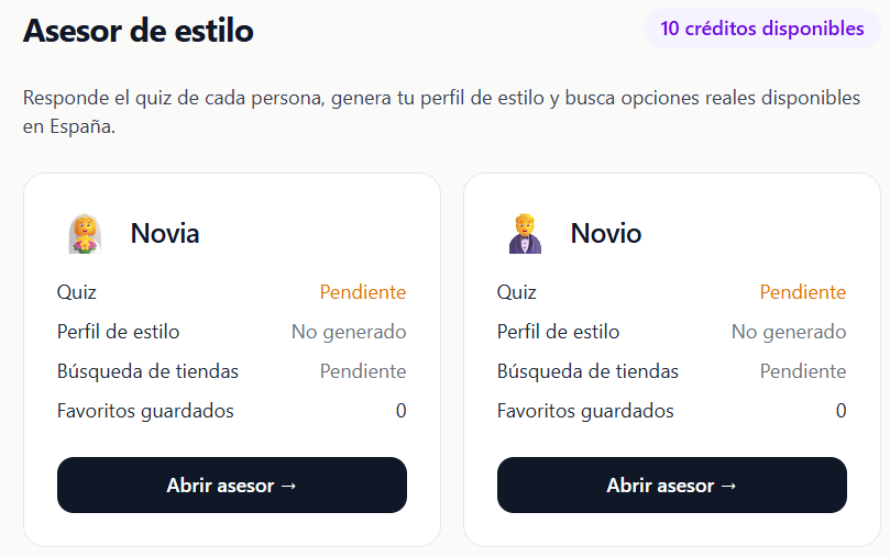 Cards del asesor de estilo para novia y novio