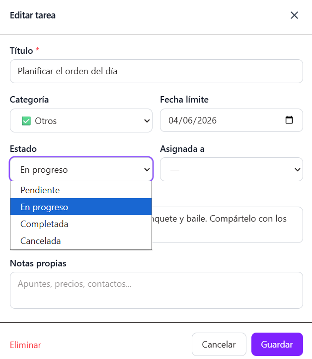 Menú de edición de tarea con desplegable de estado